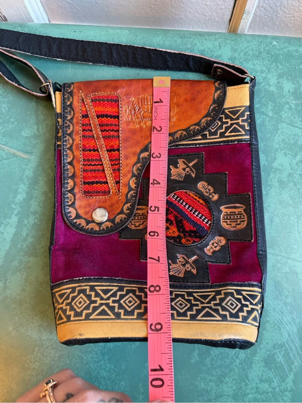 Southwestern Peruvian Leather & Suede Textile Crossbody in Burgundy & Tan